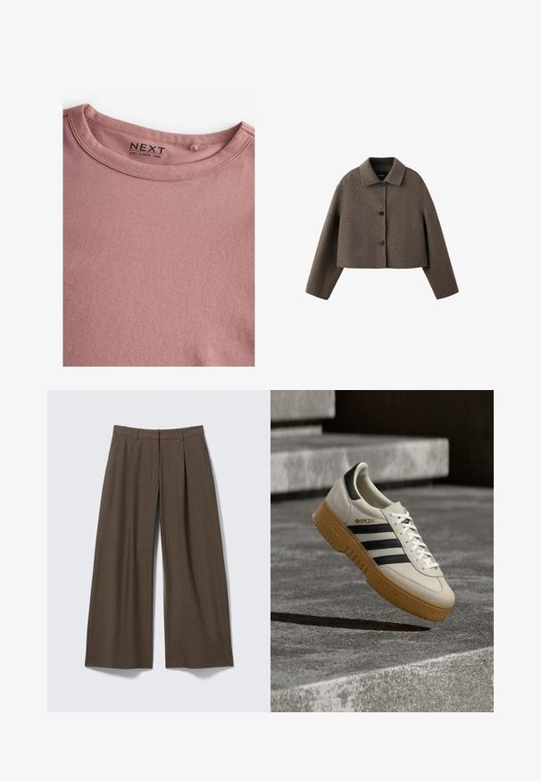 Chaqueta corta de lana marrón con mangas largas, tres botones delanteros y cuello puntiagudo.; Camiseta de manga larga en color rosa polvoriento, hecha de algodón suave, con un sencillo cuello redondo y una textura lisa. La etiqueta dice "NEXT."; Pantalones de pernera ancha con raya diplomática marrón, con trabillas para el cinturón y pliegues frontales, exhibidos planos sobre un fondo gris claro.; Zapatilla deportiva de ante beige con rayas negras, cordones blancos y suela de goma color caramelo. Presenta la marca "SPEZIAL" en el lateral.