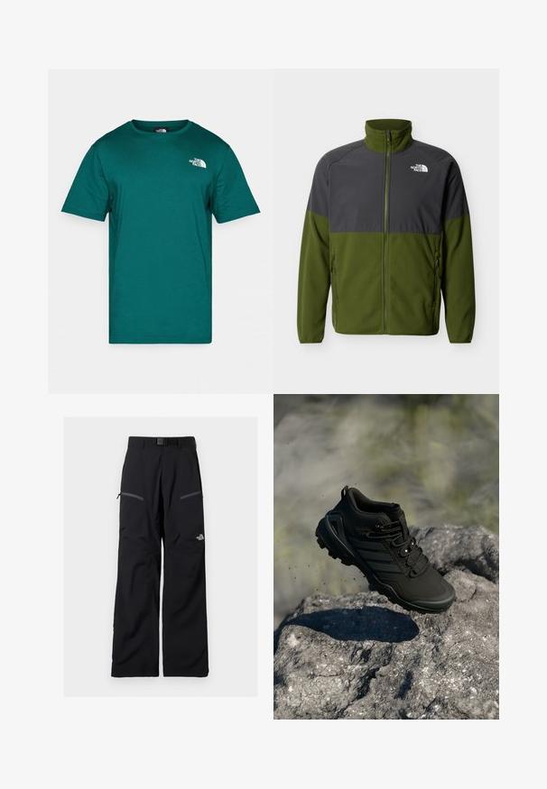 Εξωτερικό fleece μπουφάν με πλήρη φερμουάρ μπροστά, σκούρα γκρι επάνω περιοχή, ελιά πράσινη κάτω περιοχή, τσέπες με φερμουάρ και το λογότυπο The North Face στο στήθος.; Τυρκουάζ βαμβακερό μπλουζάκι με στρογγυλή λαιμόκοψη, κοντά μανίκια και μικρό λευκό λογότυπο στο στήθος. Λεία υφή και άνετη εφαρμογή.; Μαύρο εξωτερικό παντελόνι με ρυθμιζόμενη ζώνη, δύο τσέπες με φερμουάρ στους μηρούς και το λογότυπο The North Face στο δεξί πόδι.; Μαύρο παπούτσι τρεξίματος με ενισχυμένη σόλα που αιωρείται πάνω από τον βραχώδη έδαφος, με σωματίδια χώματος ορατά σε φυσικό τοπίο.