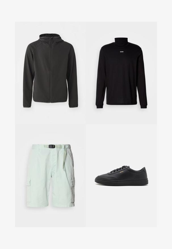 Chaqueta con capucha negra hecha de tela suave, con un cierre frontal, mangas raglán y un logotipo sutil en el pecho.; Camisa de cuello alto negra de manga larga hecha de un tejido suave, con el logo blanco "HUGO" en el pecho, con puños y dobladillo ajustados.; Pantalones cortos cargo verde claro fabricados con un tejido ligero, que cuentan con un cinturón, bolsillos laterales y un corte relajado.; Zapatillas de cuero negro con una textura suave, punta redondeada, suela plana de goma y cordones a tono. Presentan el logotipo dorado "BOSS" en el lateral.