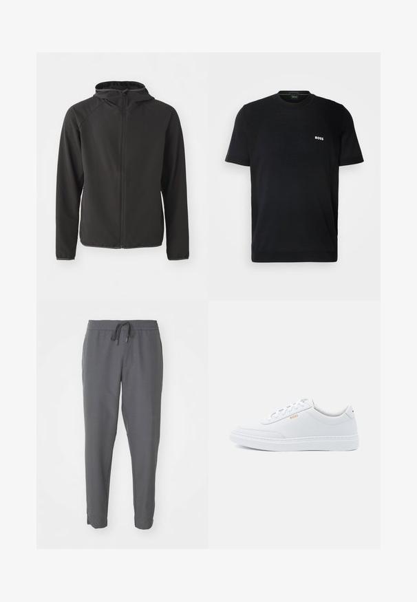 Sort hættejakke lavet af glat stof, med lynlås foran, raglanærmer og et diskret logo på brystet.; BOSS MOMENTUM LITE - T-shirts basic - black; Grå joggebukser lavet af glat stof, med elastisk talje og snøre, tætsiddende ben og sidelommer.; Hvide lædersneakers med glat tekstur, rund tå og ton-i-ton syning. Har blå snørebånd og et gult logo på siden.