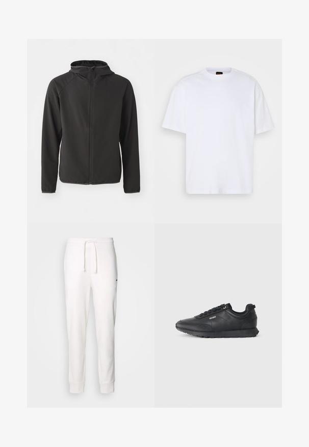 Zwarte hoodie gemaakt van gladde stof, met een ritssluiting aan de voorkant, raglanmouwen en een subtiel logo op de borst.; Witte katoenen T-shirt met ronde hals, korte mouwen en een ontspannen pasvorm. Heeft textuur op de schoudernaden voor extra detail.; Witte katoenen sweatpants met een elastische tailleband, een trekkoord en ribbelmanchetten. Heeft een klein zwart logo aan de zijkant.; Zwarte lage sneaker met vetersluiting aan de voorkant, getextureerde details en het "HUGO" logo op de zijkant, weergegeven in profiel op een witte achtergrond.