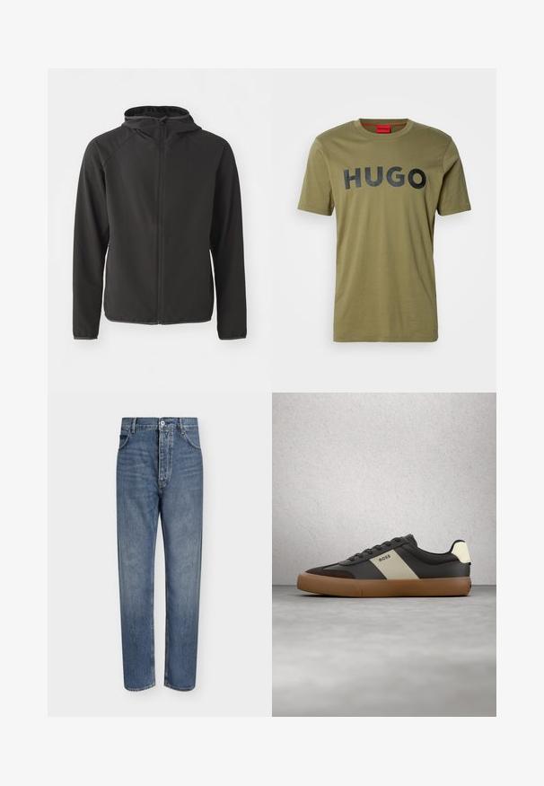 Sort hættejakke lavet af glat stof, med lynlås foran, raglanærmer og et diskret logo på brystet.; Oliven grøn bomulds t-shirt med rund hals og en fed sort "HUGO" logo på tværs af brystet, korte ærmer og en glat overflade.; Straight-leg blå denim jeans med høj talje, frontknaplukning og fem-lomme design på en ensartet lys baggrund.; Sort og brun sneaker med beige stribe og "BOSS"-logo, svævende over gråt betongulv og baggrund med glassblokvæg.