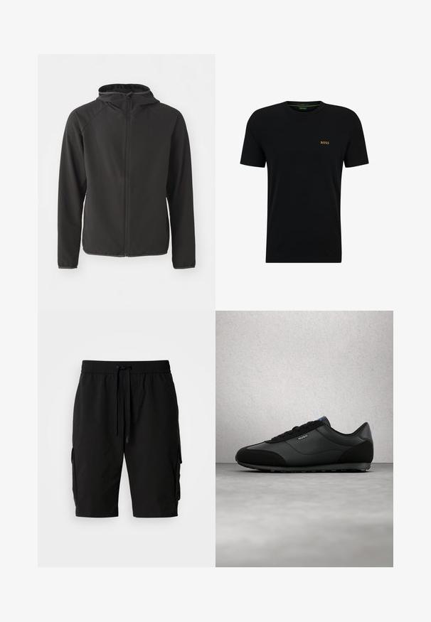 Veste à capuche noire en tissu lisse, dotée d'une fermeture éclaire sur le devant, de manches raglan et d'un logo discret sur la poitrine.; T-shirt en coton noir avec col rond, manches courtes et un petit logo doré sur la poitrine gauche. Texture lisse et design simple.; Shorts cargo noirs en tissu léger, dotés d'une taille élastique, d'un cordon de serrage et de poches cargo latérales pour un rangement supplémentaire.; Baskets noires en cuir à texture lisse, dotées d'une conception basse, d'un bout rond et d'un laçage frontal. Étiquette de marque bleue présente.