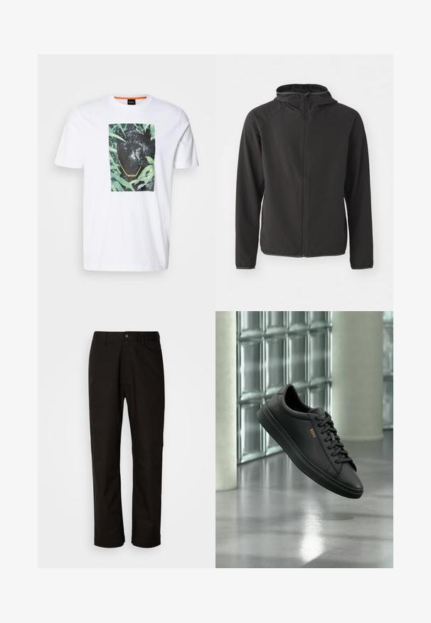 Sort hættejakke lavet af glat stof, med lynlås foran, raglanærmer og et diskret logo på brystet.; Hvid bomuld t-shirt med et fremtrædende sort panther-grafik omgivet af grønne planter, med en guldkæde og branddetalje.; Sorte bomuldsbukser med lige pasform, bæltestropper, lynlås foran og en enkelt knappelukning. Glat tekstur uden synlige mønstre.; Sort lavtopet lædersneaker med sorte snørebånd og gyldent BOSS-logo på siden, svævende over en blank grå gulv i et moderne indendørs rum.