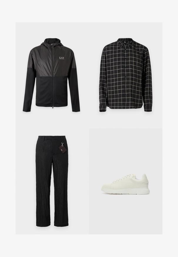 Musta vetoketjullinen huppari, kiiltävät yläosan rinta- ja olkapaneelit sekä valkoinen EA7 Emporio Armani -logo vasemmassa rinnassa.; Mustapaita, jossa on pitkä hiha ja beigepohjainen ruutukuosi. Varustettu napitetulla etuosalla ja klassisella kauluksella. Silkkinen rakenne, minimalistischinen muotoilu.; Mustat, tekstuuriset, leveälahkeiset housut, joissa on sileä pinta ja näkyvät saumat; mukana on tagi, joka on kiinnitetty hopeisella metallikoukulla.; Valkoinen nahkakengät, joissa on teksturoitu pinta, pyöreä kärki, litteä valkoinen pohja ja sävyyn sopivat nauhat. Hieman huomaamaton brändäys kielen kohdalla.
