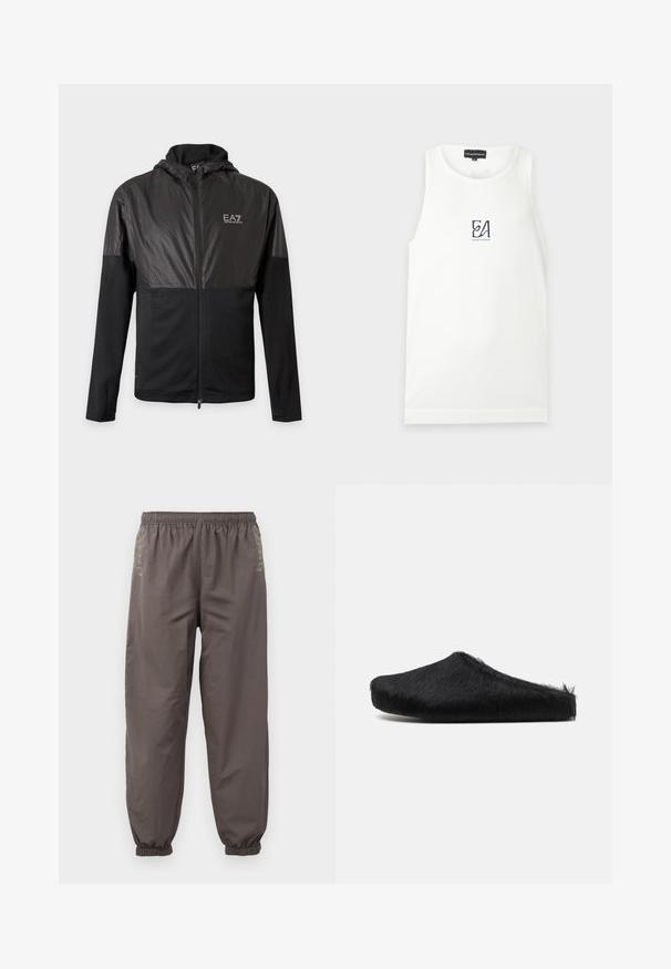 Sort lynlåsjakke med hætte, skinnende øvre bryst- og skulderpaneler og hvid EA7 Emporio Armani-logo på venstre bryst.; Hvid ærmeløs tanktop med lille sort "EA Emporio Armani" logo centreret på brystet.; Mørkegrå, elastiske bukser med en afslappet pasform. Har samlede manchetter og subtil broderi på siderne. Letvægtsstof.; Marni Slip-on sandaler - black