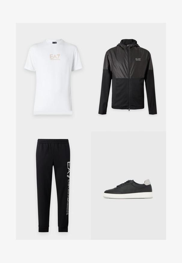 Zwarte jas met rits en capuchon, glanzende bovenborst- en schouderpanelen, en wit EA7 Emporio Armani-logo op de linkerborst.; Witte katoenen t-shirt met een ronde halslijn en korte mouwen, voorzien van een gouden EA7 Emporio Armani-logo op de voorkant.; Zwarte sweatpants van een katoenmix, met een elastische tailleband, taps toelopende benen, ribgebreide boorden en een wit logo-opdruk langs de zijkant.; Zwarte lage sneaker met witte zool en grijze hieltab, zijaanzicht op een effen witte achtergrond.