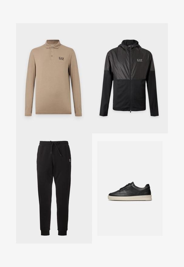 Veste noire zippée avec capuche, panneaux brillants sur la poitrine et les épaules, et logo EA7 Emporio Armani blanc sur le côté gauche de la poitrine.; Polo beige à manches longues avec trois boutons et un petit logo noir "EA7 Emporio Armani" sur le côté gauche de la poitrine.; Pantalon de survêtement noir fuselé avec taille élastique, cordon, poches latérales et poignets côtelés, présenté sur fond uni.; Baskets basses en cuir noir avec des lacets noirs et une semelle en caoutchouc épaisse de couleur crème, présentées sur un fond blanc.
