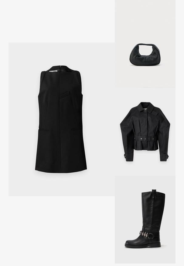 Schwarze kurze Jacke mit strukturiertem Design, großem Kragen, Einzelknopfverschluss und einem breiten Gürtel mit metallic Hardware.; Schwarzes ärmelloses Oberteil mit hohem Kragen, strukturiertem Design, Taschendetails auf der Vorderseite und verdecktem Reißverschluss hinten, aus einem strukturierten Stoff gefertigt.; Tamaris Cowboy-/Bikerboot - black; Schwarze gewebte Hobo-Tasche mit weicher Struktur und integriertem Griff, dargestellt vor einem schlichten hellen Hintergrund.