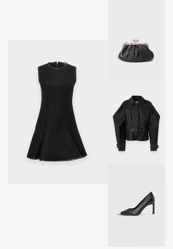 Veste noire raccourcie avec un design structuré, grand col, fermeture à bouton unique et une large ceinture avec garniture métallique.; Robe noire sans manches avec une jupe évasée, en tissu texturé, coutures courbes et fermeture éclair au dos. Accentuée d'une bordure noire.; Chaussure à talon haut en cuir noir avec bout pointu et capuchon argenté métallique. Présente une finition lisse et un talon fin de 10 cm.; Porte-monnaie en cuir noir avec texture froncée, cadre en métal argenté, fermeture à verrouillage kiss-lock et bandoulière en chaîne. Surface lisse et douce.