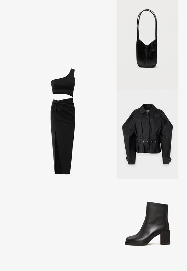 Sort cropped jakke med en struktureret design, stor krave, enkelt knaplukning og et bredt bælte med metalhardware.; Sort todelt tøj sæt bestående af en en-skulder crop top og en højtaljet nederdel med tvistet detalje og sideslids. Glat stof.; Sorte læder ankelstøvle med rund tå, kraftig blokhæl og minimalistisk design. Har en glat overflade og diskret syning.; Sort lædertaske med en rund, asymmetrisk form. Har to lange stropper og en sømløs lynlås foran. Glat tekstur.
