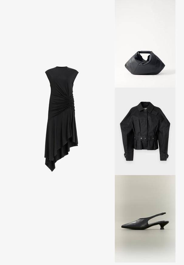 Zwarte cropped jas met een gestructureerd ontwerp, grote kraag, enkele knoopsluiting en een brede riem met metalen hardware.; Zwarte mouwloze jurk met geplooide details aan de zijkant, voorzien van een asymmetrische zoom die elegant valt. Zachte stofstructuur.; Zwarte leren slingback schoen met puntige neus en lage kittenhak op een neutrale achtergrond.; Zwarte leren tas met een gestructureerde buitenkant, unieke geplooide vorm en een kort handvat. Voorzien van een enkel hoofdvak.
