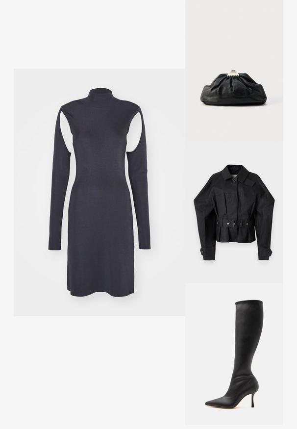 Schwarze kurze Jacke mit strukturiertem Design, großem Kragen, Einzelknopfverschluss und einem breiten Gürtel mit metallic Hardware.; Marineblaues geripptes Kleid mit hohem Kragen, langen Ärmeln und Ausschnitten an den Schultern. Enganliegendes Design mit geradem Saum. Angenehme Textur.; Schwarzer kniehoher Lederstiefel mit spitzer Zehenpartie und hohem, schlankem Stiletto-Absatz auf weißem Hintergrund.; Schwarze Leder-Clutch mit geraffter Textur, Metallverschluss und dezentem, auf der Vorderseite geprägtem Logo. Abgerundete Form.