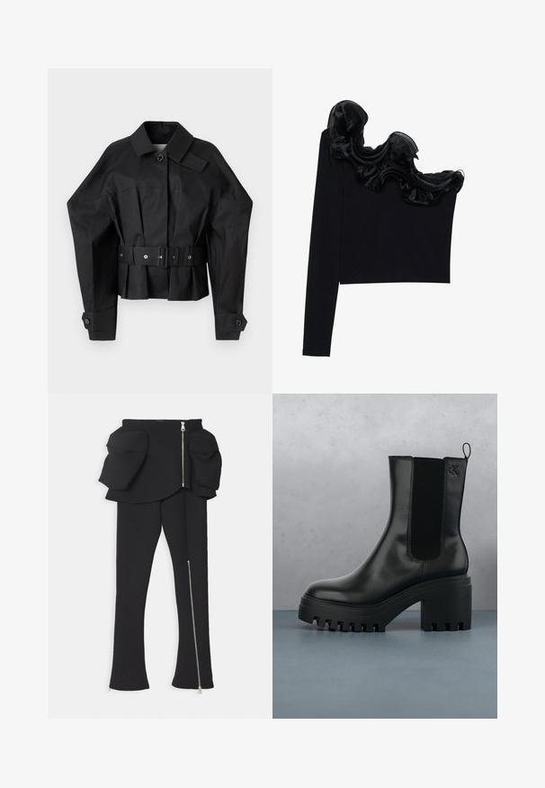 Chaqueta negra corta con un diseño estructurado, gran collar, cierre de un botón y un cinturón ancho con herrajes metálicos.; Top negro de un solo hombro con un volante de gasa transparente en el escote, hecho de un tejido ligero con una textura suave.; A.W.A.K.E. MODE BASQUE PANTS WITH ZIPS AND LARGE POCKETS - Pantalones - black; Botín de cuero negro hasta el tobillo con puntera redonda, suela de plataforma gruesa y acentos de malla en los laterales. Cuenta con una lengüeta para facilitar el calzado.