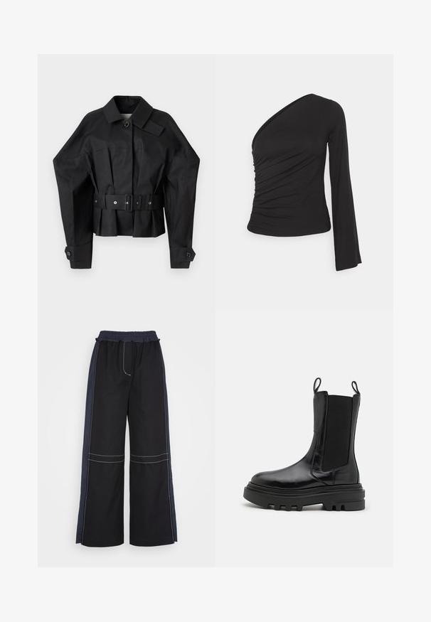 Schwarze kurze Jacke mit strukturiertem Design, großem Kragen, Einzelknopfverschluss und einem breiten Gürtel mit metallic Hardware.; Asymmetrisches langärmliges Oberteil in Schwarz, mit geraffter Seitenpartie für Textur und einer figurbetonten Silhouette. Hergestellt aus weichem, dehnbarem Material.; 3.1 Phillip Lim COMBO UTILITY PANT - Stoffhose - black eclipse; Schwarze Knöchelstiefel mit glänzendem Lederfinish, elastischen Seitenpaneelen, Ziehlaschen und einer dicken, strukturierten Gummisohle. Klobiges Design, elegante Silhouette.
