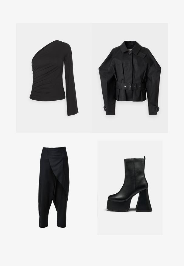 Veste noire raccourcie avec un design structuré, grand col, fermeture à bouton unique et une large ceinture avec garniture métallique.; Haut asymétrique à manches longues en noir, avec un côté froncé pour une texture et une silhouette ajustée. Fabriqué en matériau doux et extensible.; Pantalon noir court avec un devant drapé, fabriqué en tissu lisse. Caractérisé par une taille ajustée et des jambes fuselées.; Bottine en cuir noir avec semelle plateforme épaisse et talon haut large évasé, texture lisse et petit logo près du bord supérieur.