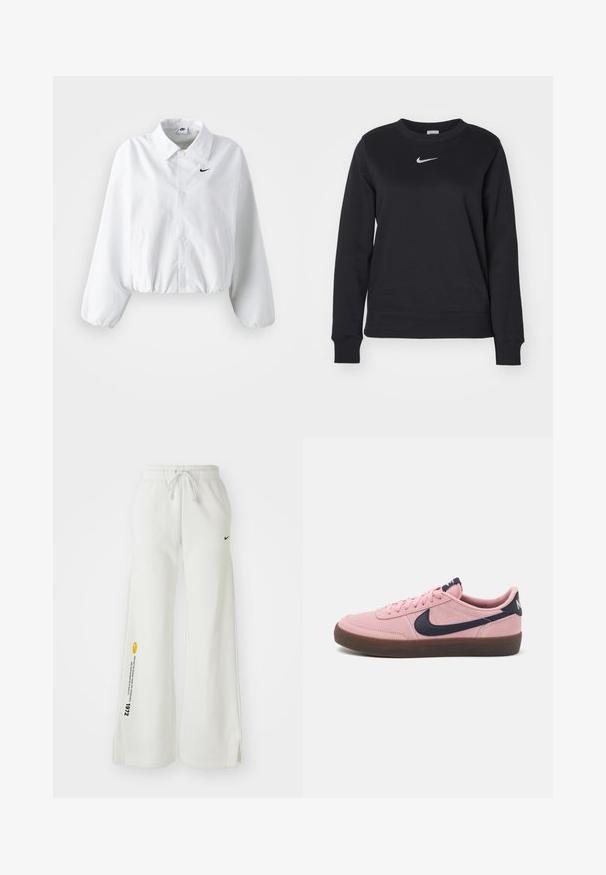 Chaqueta corta blanca con cuello, cinturilla elástica y mangas largas abullonadas. Presenta un logo negro de Nike en el lado izquierdo del pecho. Tejido de textura suave.; Sudadera negra de mezcla de algodón, con puños y dobladillo acanalados, escote redondo y logo plateado de Nike en el pecho.; Pantalones de chándal blancos y de pierna ancha con cintura elástica, cordón, aberturas laterales, logo negro de Nike y texto gráfico en amarillo contrastante.; Zapatillas de ante rosa con acentos en azul marino, que presentan una suela de goma marrón, forma redondeada y cierre de cordones. Marca minimalista en la lengüeta y el lado.