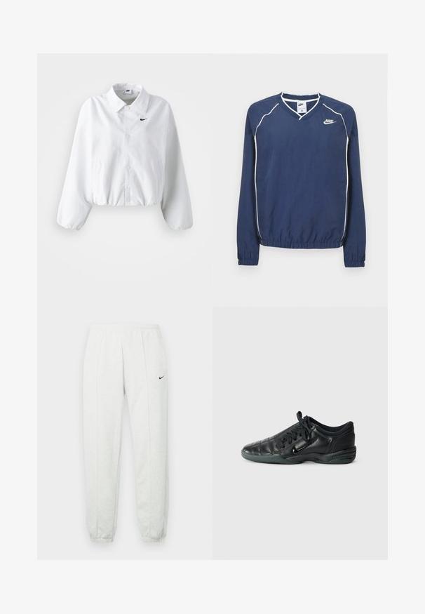 Chaqueta corta blanca con cuello, cinturilla elástica y mangas largas abullonadas. Presenta un logo negro de Nike en el lado izquierdo del pecho. Tejido de textura suave.; Sudadera de manga larga de Nike en azul marino, con cuello en V, ribetes blancos a lo largo de las costuras y puños y dobladillo elásticos. Presenta un logo en el lado izquierdo del pecho.; Pantalones deportivos Nike de color gris claro con una cintura elástica, puños ajustados y un pequeño logo negro en el muslo izquierdo. Tela suave y texturizada.; Zapatilla deportiva de cuero negro con un diseño acolchado, punta redondeada, cordones en la parte delantera y suela de goma. Presenta un sutil logotipo en el lateral.