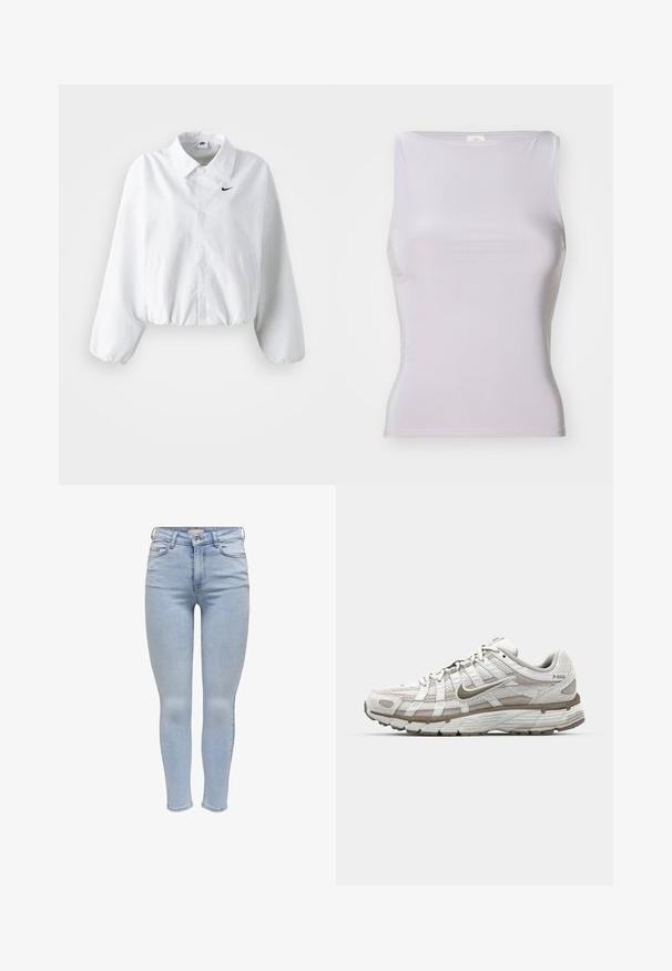 Valge lühendatud jakk, millel on krae, elastne vöökoht ja pikad puhvvarrukad. Vasakul rinnal on must Nike'i logo. Siledat kangast tekstuur.; BDG Urban Outfitters LIA - Topp - grey; Heledad sinised skinny teksad, mis on valmistatud denimist, viis taskut, tõmblukk ning sujuv tekstuur minimaalse kulumisega.; Valge sportlik king, millel on võrgu pealis, heledad pruunid detailid ja pehmendusega tald. Omab nööridega sulgemist ja teksti küljel.