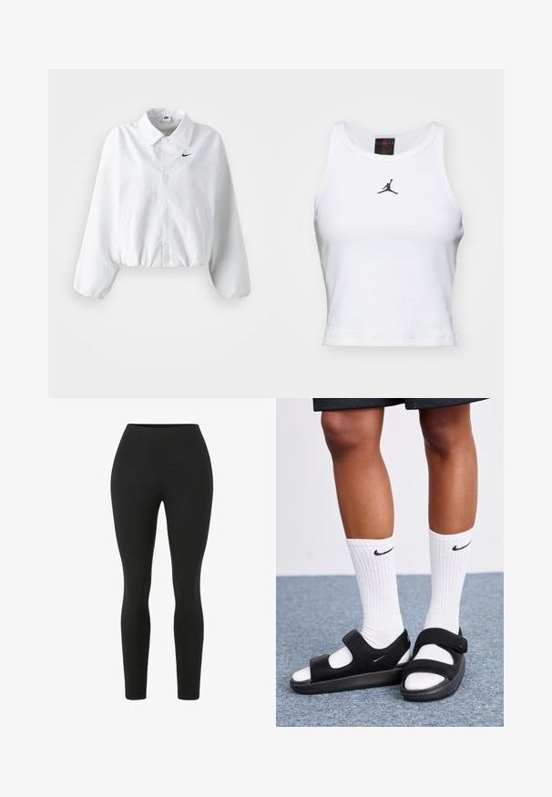 Hvid cropped jakke med krave, elastisk talje og lange puffærmer. Har et sort Nike-logo på venstre bryst. Glat stoftekstur.; Hvid cropped tanktop lavet af bomuld med ribbet tekstur. Har et sort Jordan-logo i midten og en klassisk rund halsudskæring.; Sorte leggings med høj talje. Lavet af strækbart stof, der har en glat tekstur og en tætsiddende silhuet uden synlige sømme.; Sorte fodtøj med åben tå-design, lavet af glat materiale, med justerbare stropper og en tekstureret sål. Hvide ribbede sokker bæres.