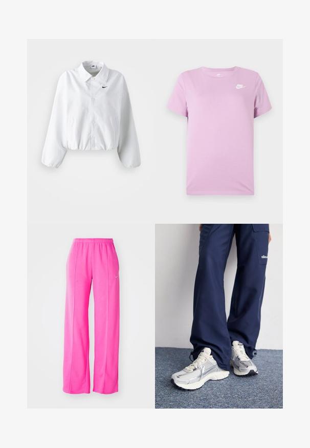 Valge lühendatud jakk, millel on krae, elastne vöökoht ja pikad puhvvarrukad. Vasakul rinnal on must Nike'i logo. Siledat kangast tekstuur.; Lilla lühikeste varrukatega Nike T-särk, millel on valge Nike logo vasakul rinnaümbruses, ümmargune kaelus ja üksvärviline kangas.; Roosa, vabalt istuvad, kerge kangaga dressipüksid elastse vöökohaga ja külgõmblustega. Ees on väike logo vasaku reie ülaservas.; Nike spordijalatsid hõbedase võrkkanga ülaosaga, valgete aktsentidega ja tekstuuriga tallad, koos laia lõikega tumesiniste pükstega.