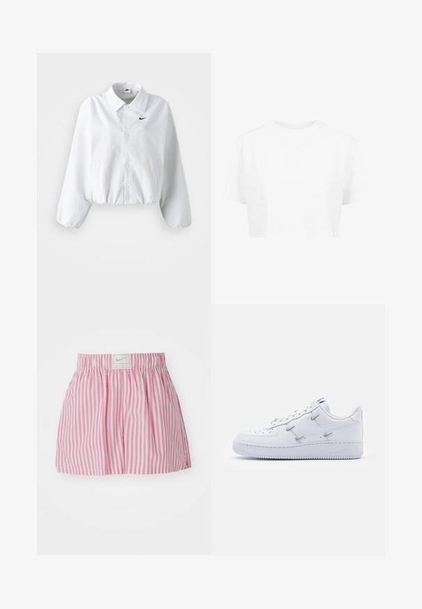 Hvid cropped jakke med krave, elastisk talje og lange puffærmer. Har et sort Nike-logo på venstre bryst. Glat stoftekstur.; Hvid cropped t-shirt, korte ærmer, rund halsudskæring, lavet af blødt stof, uden synlige mønstre eller distinkt hardware.; Pink og hvide stribede shorts med elastisk taljebånd og en lille Nike-logo lap på bagsiden. Fremstillet af letvægtsstof.; Nike Sportswear AIR FORCE 1 - Sneakers - white/hyper royal/black