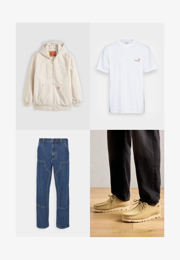 Cremefarvet hættetrøje med tynde lodrette striber, lynlås foran, kengurulomme, elastiske manchetter og Levi's logo-patch på brystet og indersiden af kraven.; Hvid bomulds t-shirt med korte ærmer. Designet med et lille orange og maroon logo på venstre bryst. Har en klassisk rund hals.; Blå denim jeans med lige ben, frontlappelommer og kontrasterende syninger. Stoffet har en klassisk tekstur og finish.; Beige ruskind snørebåndssko bæres med sorte bukser på et trægulv, der viser en afslappet og komfortabel stil.