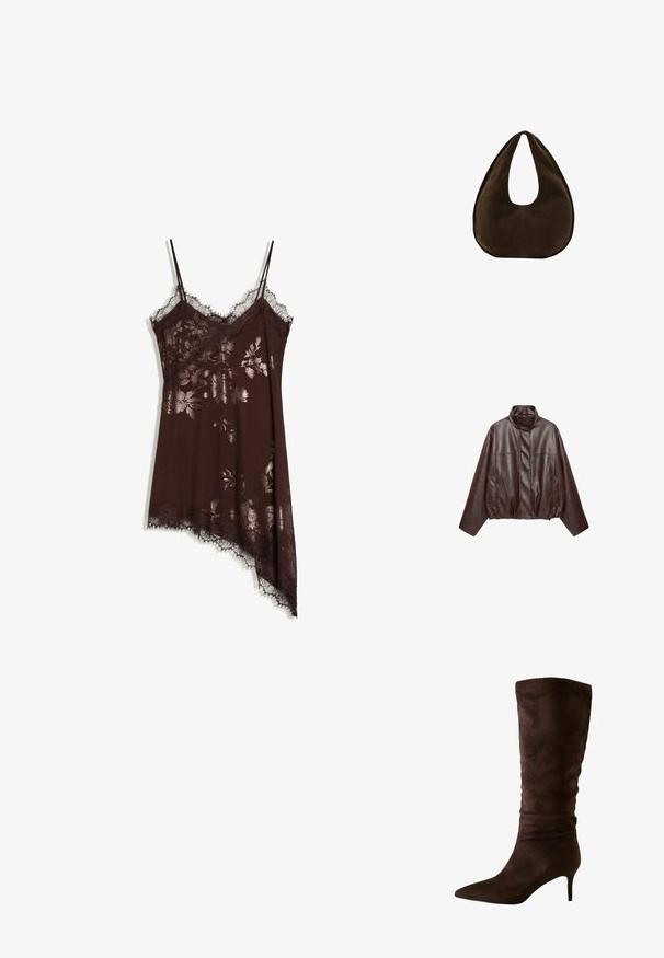 Veste en cuir courte marron foncé avec col montant, manches longues, poches avant et fermeture éclair dissimulée à l'avant.; Robe nuisette en soie brun foncé avec imprimé floral métallique, bordure en dentelle, fines bretelles et ourlet asymétrique sur fond blanc.; Botte en daim brun jusqu'au genou avec un bout pointu et un talon fin. Le design présente une texture froncée près du haut pour un détail supplémentaire.; Sac à main en daim marron foncé en forme de croissant avec une seule sangle large et une texture lisse sur fond blanc.