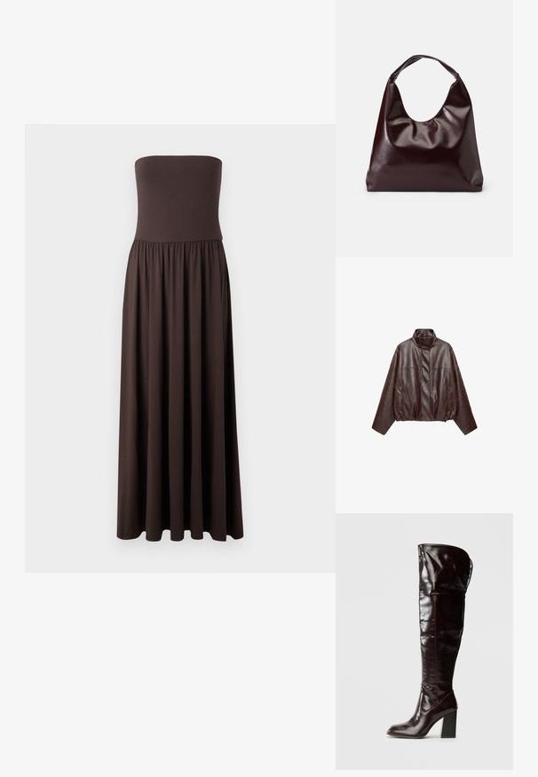 Dunkelbraune, kurz geschnittene Lederjacke mit hohem Kragen, langen Ärmeln, Fronttaschen und verstecktem Frontreißverschluss.; Schnurloses braunes Maxikleid aus weichem Stoff, mit einem taillierten Oberteil und einem fließenden, gerafften Rock für Bewegungsfreiheit.; Kniehohe, glänzende Stiefel aus burgunderfarbenem Leder mit quadratischer Spitze und Blockabsatz, mit einem lässigen Design und minimalen Nähten.; Burgunderfarbene, glänzende tote Bag aus veganem Leder mit einer weichen, skulpturalen Form und einem breiten, geschwungenen Henkel für einfaches Tragen.