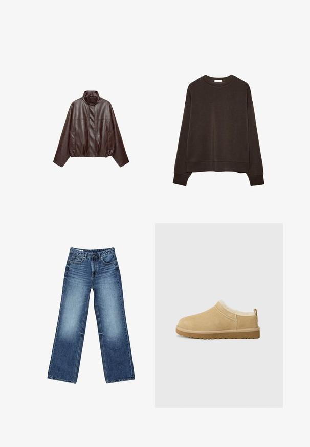 Veste en cuir courte marron foncé avec col montant, manches longues, poches avant et fermeture éclair dissimulée à l'avant.; Sweat-shirt à enfiler de couleur brun foncé en tissu doux, avec un col rond, des épaules tombantes et un ourlet raccourci. Sans motifs ni accessoires.; Jean denim bleu à jambes larges avec poches avant et poche monnaie, fermeture à boutons, et lavage délavé sur les cuisses et les genoux.; Chaussure en daim à enfiler de couleur beige clair, dotée d'une douce doublure en fourrure et d'une semelle en caoutchouc texturé avec un léger talon et une sangle à l'arrière pour un enfilage facile.