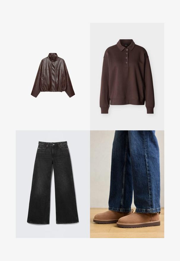 Dunkelbraune, kurz geschnittene Lederjacke mit hohem Kragen, langen Ärmeln, Fronttaschen und verstecktem Frontreißverschluss.; Braunes Langarm-Poloshirt mit vier Knöpfen, gerippten Bündchen und einem gerippten Saum vor einem schlichten weißen Hintergrund.; Schwarze Jeans mit weitem Bein, fünf Taschen und Knopfverschluss, flach auf einem hellen Hintergrund dargestellt.; Braune Wildleder Stiefeletten mit flacher Sohle, runder Spitze und einer kleinen Zuglasche, kombiniert mit blauen Jeans im geraden Schnitt.