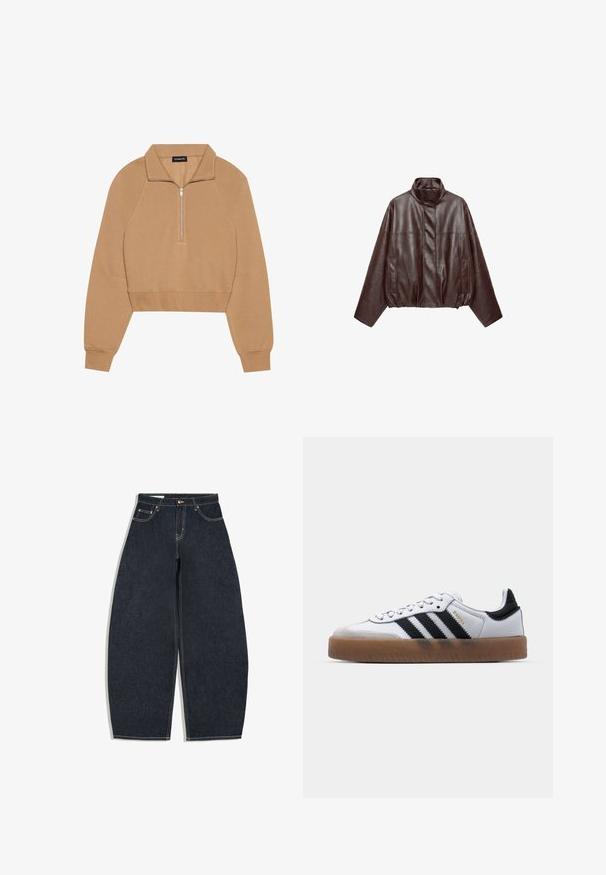 Mørkebrun kort læderjakke med høj krave, lange ærmer, forlommer og skjult frontlynlås.; Even&Odd by Zalando Sweatshirt - tan; Mørkeblå vidde jeans med høj talje, forreste knap, lynlås og fem-lomme design på hvid baggrund.; Hvide lædersneakers med sorte striber, gummirubber sål, rund tå, snørelukning og blød grå ruskinds tåhætte.
