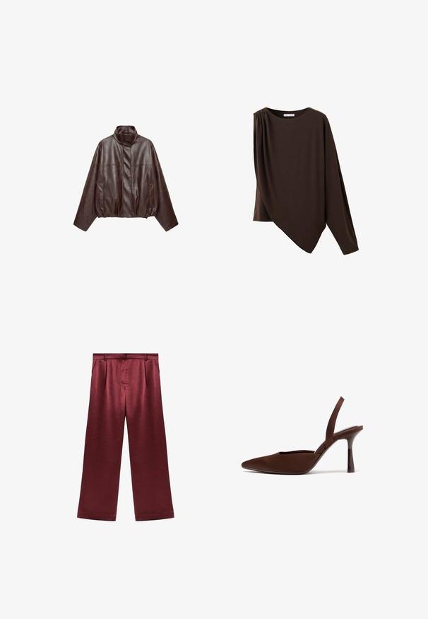 Veste en cuir courte marron foncé avec col montant, manches longues, poches avant et fermeture éclair dissimulée à l'avant.; Haut asymétrique marron foncé à manches longues avec un col rond et un détail froncé sur une épaule.; Pantalons larges bordeaux en satin avec une texture lisse, dotés d'une taille haute et de deux poches latérales pour un détail fonctionnel.; Chaussure à talon haut brun à bout pointu avec bride arrière, dotée d'un talon fin et courbé, photographiée sur fond blanc.