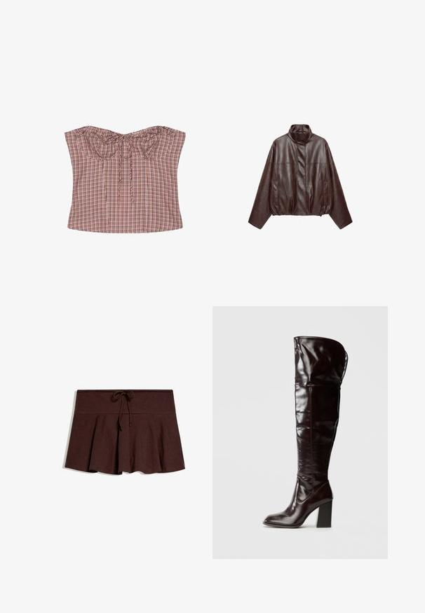 Veste en cuir courte marron foncé avec col montant, manches longues, poches avant et fermeture éclair dissimulée à l'avant.; Haut bustier à carreaux marron et rose sans bretelles avec des détails froncés et un nœud devant sur fond blanc.; Jupe plissée marron foncé avec large ceinture et cordon de serrage au centre devant, posée à plat sur fond blanc.; Bottes en cuir bordeaux glacé montant jusqu'au genou, avec un bout carré et un talon bloc, présentant un design ample et des détails de couture minimalistes.