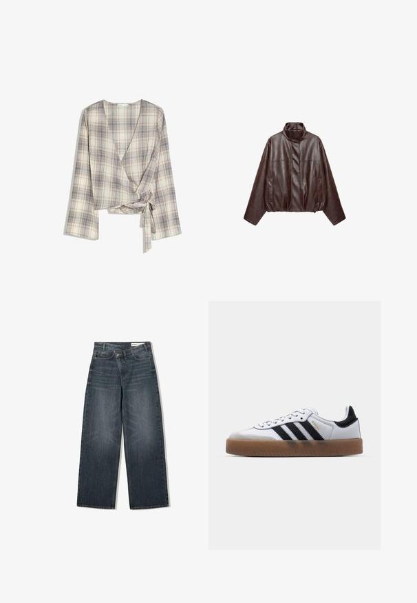 Donkerbruine korte leren jas met hoge kraag, lange mouwen, voorzakken en verborgen rits aan de voorkant.; Beige en lichtblauw geruit wikkelblouse met lange mouwen en zijstriksluiting, gemaakt van lichtgewicht stof.; Donker gewassen spijkerbroek met een wijde pijpdesign, voorzien van een hoge taille, vijf zakken en subtiele wassing aan de voorkant.; Witte leren sneakers met zwarte strepen, gumrubberen buitenzool, ronde neus, vetersluiting en een zachte grijze suède neuskap.