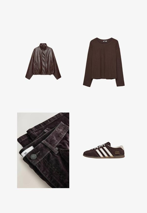 Veste en cuir courte marron foncé avec col montant, manches longues, poches avant et fermeture éclair dissimulée à l'avant.; Pull marron à coupe décontractée, col côtelé et manches longues. Texture lisse avec un ourlet arrondi et sans motifs ni accents visibles.; Pantalons en velours côtelé violet foncé avec un bouton métallique noir, des coutures marron et une étiquette blanche visible à la taille.; Baskets en suède marron avec trois bandes blanches, semelle en caoutchouc, et étiquette avec le texte "Gazelle" en or. Fermeture à lacets avec lacets gris.