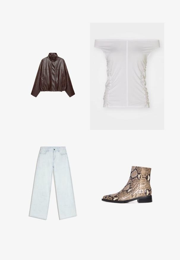 Donkerbruine korte leren jas met hoge kraag, lange mouwen, voorzakken en verborgen rits aan de voorkant.; Witte off-the-shoulder top, met geplooide zijdetails, zachte stof, aansluitend ontwerp en een rechte halslijn.; Lichtblauwe wijde jeans met knopen en rits aan de voorkant, riemlussen en stijl met vijf zakken, plat gelegd op een witte achtergrond.; Schoen van slangenleer tot de enkel met een puntige neus, met een glanzende afwerking, neutrale beige en bruine kleuren, lage zwarte hak en een gestructureerd patroon.