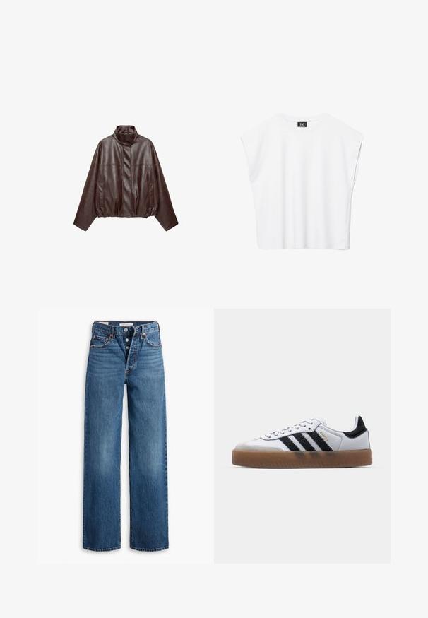 Mørkebrun kort læderjakke med høj krave, lange ærmer, forlommer og skjult frontlynlås.; Hvid ærmeløs crop top med rund halsudskæring, brede skuldre og sort "B6"-label indvendigt i kraven.; Blå denim jeans med en vid benstruktur, fem lommer, knaplukning og kontraststing. Strukturstof med en falmet overflade.; Hvide lædersneakers med sorte striber, gummirubber sål, rund tå, snørelukning og blød grå ruskinds tåhætte.