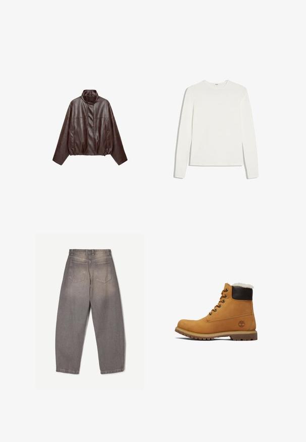 Donkerbruine korte leren jas met hoge kraag, lange mouwen, voorzakken en verborgen rits aan de voorkant.; Effen wit shirt met lange mouwen en ronde hals, slim fit, plat gelegd op een witte achtergrond.; Grijze denim jeans van achteren gezien met twee achterzakken, riemlussen en een licht taps toelopende pijp.; Tan leren enkellaars met een bruine verhoogde kraag, metalen oogjes en een gestructureerde, duurzame zool. Bevat een logo nabij de hak.