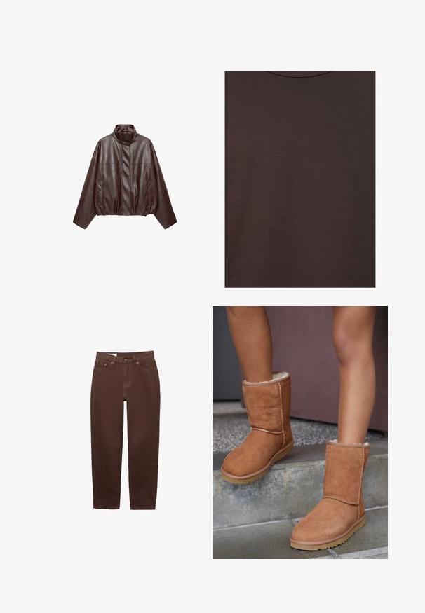 Veste en cuir courte marron foncé avec col montant, manches longues, poches avant et fermeture éclair dissimulée à l'avant.; T-shirt col rond marron foncé en tissu tricoté doux avec une fine texture côtelée.; Jean marron à jambe droite avec bouton frontal, fermeture éclair et design à cinq poches sur fond blanc.; Bottines en suede marron, à bout rond, avec une doublure douce et une semelle en caoutchouc, présentant des détails de couture visibles le long des coutures.