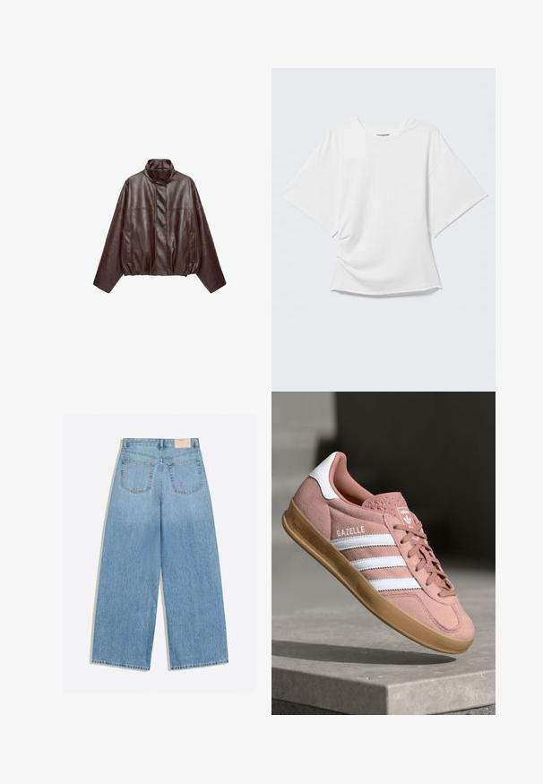 Mørkebrun kort læderjakke med høj krave, lange ærmer, forlommer og skjult frontlynlås.; Hvid oversized T-shirt med korte ærmer og rund hals vist på en lysegrå baggrund.; Lyseblå vidbenede jeans med to baglommer og et lille beige mærke på linningen.; Rosa ruskinds sneaker med hvide striber, gummisål, tekstureret overdel og logo på tungen. Klassisk low-top design.