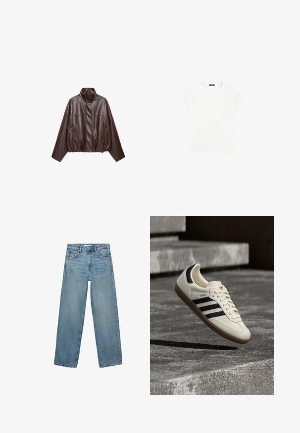 Donkerbruine korte leren jas met hoge kraag, lange mouwen, voorzakken en verborgen rits aan de voorkant.; Witte katoenen T-shirt met een ronde halslijn en korte mouwen. Eenvoudig ontwerp, geen patronen of accenten. Zachte, gladde textuur.; Lichtblauwe spijkerbroek met een rechte pijp, hoge taille, vijf zakken en contrasterende stiksels. Geen versieringen of patronen aanwezig.; Witte Adidas Samba sneaker met zwarte strepen en gumzool, zwevend boven gestructureerde grijze betonnen treden.