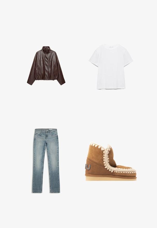 Veste en cuir courte marron foncé avec col montant, manches longues, poches avant et fermeture éclair dissimulée à l'avant.; T-shirt blanc uni à manches courtes et col rond, avec un ourlet droit, présenté sur un fond blanc.; Jean en denim bleu clair à jambes droites avec poches avant, passants de ceinture et fermeture à bouton métallique, posé à plat sur un fond blanc.; Bottine en daim marron avec une couture décorative crème le long du bord supérieur et un détail de logo métallique sur le côté extérieur. Semelle plate.