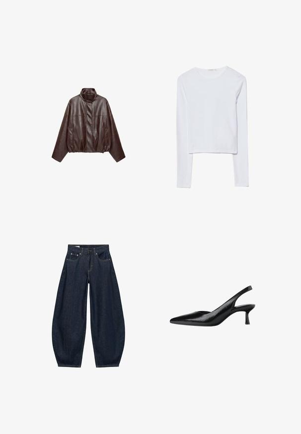 Mørkebrun kort læderjakke med høj krave, lange ærmer, forlommer og skjult frontlynlås.; Hvid langærmet crop top, lavet af blødt bomuld, med rund halsudskæring og en tætsiddende design med minimale sømme og ingen pynt.; Mørkeblå vidde jeans med frontlommer, bæltestropper og knaplukning i taljen.; Sorte slingback pumps med spids tå, lavet af tekstureret syntetisk materiale, med en slank hæl og et åbent sides_design.