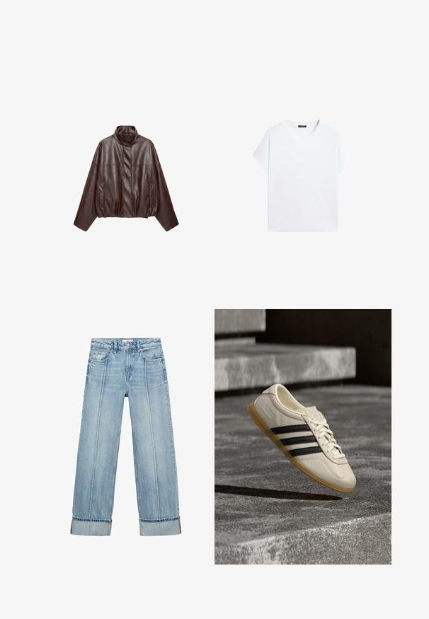 Dunkelbraune, kurz geschnittene Lederjacke mit hohem Kragen, langen Ärmeln, Fronttaschen und verstecktem Frontreißverschluss.; Weißes T-Shirt mit kurzen Ärmeln und V-Ausschnitt, lockerer Passform und einem kleinen schwarzen Etikett am hinteren Kragen.; Hellblaue Denim-Jeans im weiten Schnitt mit hoher Taille, ausgestattet mit fünf Taschen, sichtbaren Nähten und umgeschlagenen Säumen an den Bündchen.; Weißer Sneaker mit schwarzen Streifen und Gummisohle schwebt über Betontreppen im sanften Tageslicht.