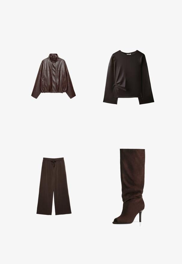 Veste en cuir courte marron foncé avec col montant, manches longues, poches avant et fermeture éclair dissimulée à l'avant.; Chemise noire à manches longues avec un col rond et un petit détail froncé sur le côté gauche près de la taille.; Pantalons larges marron avec un waistband à cordon. Fabriqués en tissu doux, avec des coutures verticales à l'avant pour un détail supplémentaire.; Botte marron foncé en suede, haute jusqu'au genou, avec un tige ample, un bout ouvert et un talon haut fin, photographiée sur fond blanc.