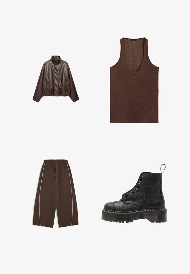 Veste en cuir courte marron foncé avec col montant, manches longues, poches avant et fermeture éclair dissimulée à l'avant.; Débardeur marron sans manches avec un profond col en U, fabriqué en tissu léger, étiquette Massimo Dutti à l'intérieur du col.; Pantalon ample marron à carreaux avec taille élastique, cordon, jambes larges et passepoil blanc vertical le long des coutures extérieures.; Bottines en cuir noir avec surface texturée, bout arrondi, lacets, coutures jaunes et une épaisse semelle noire crantée.