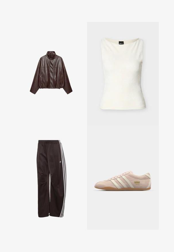 Donkerbruine korte leren jas met hoge kraag, lange mouwen, voorzakken en verborgen rits aan de voorkant.; Wit nauwsluitend mouwloos topje met een subtiel bloemachtig structuurpatroon en een boothals.; Zwarte Adidas trainingsbroek met witte drie strepen langs de zijkanten, elastische tailleband, zijzak met rits en Adidas-logo op het linkerbeen.; adidas Originals TOKYO - Sneakers laag - quartz/off white