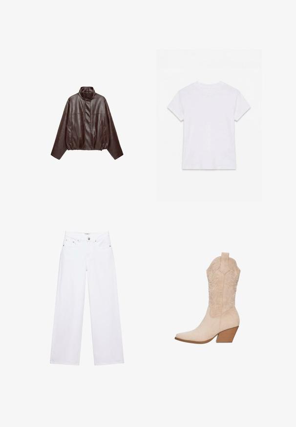 Donkerbruine korte leren jas met hoge kraag, lange mouwen, voorzakken en verborgen rits aan de voorkant.; Effen wit katoenen T-shirt met korte mouwen en ronde hals, plat gelegd op een witte achtergrond.; Witte jeans met hoge taille en wijde pijpen, voorzien van knoop- en ritssluiting, voor- en achterzakken, en zilverkleurige klinknageldetails.; Beige suède cowboylaars met een spitse neus, geborduurde details op de schacht en een gestapelde houten hak.
