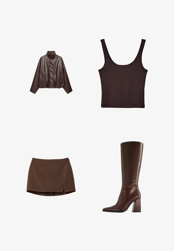 Veste en cuir courte marron foncé avec col montant, manches longues, poches avant et fermeture éclair dissimulée à l'avant.; Débardeur côtelé marron foncé avec de larges bretelles et une coupe ajustée. Le tissu est doux avec une texture lisse et une longueur cropped.; Mini-jupe marron en tissu lisse, avec une fente frontale, des lignes épurées et une coupe structurée. Sans poches ni détails métalliques apparents.; Botte en cuir marron montant jusqu'au genou, avec bout pointu et talon épais de hauteur moyenne, vue de profil sur fond blanc.